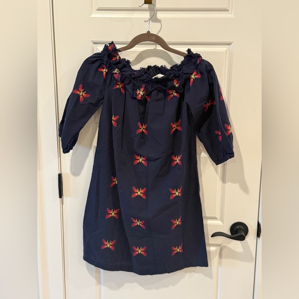 Trina Turk Navy Dress with Butterfly Accents. Strapless Dress.